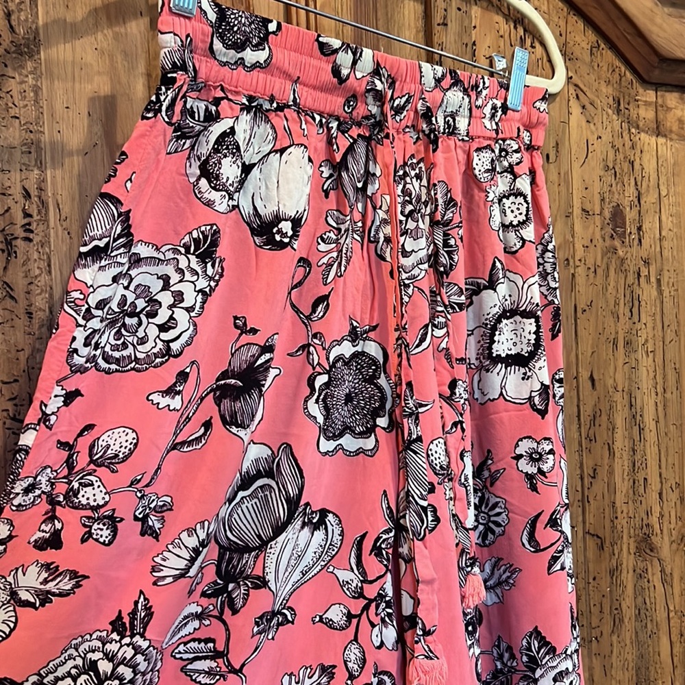 Anthropologie Pink Coral Floral Tie-Waist Wide Leg Pants - Picture 5 of 10